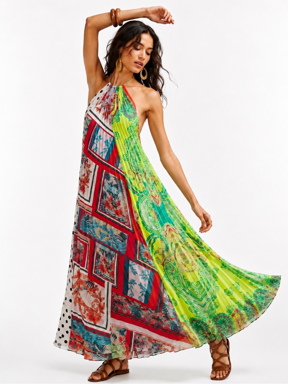 L'ATISTE by Amy Colorful Patterned Pleated Chiffon Halter Maxi Dress